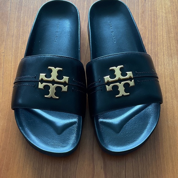 NIB Tory Burch Everly Cloud Black and Gold Slide Sandals